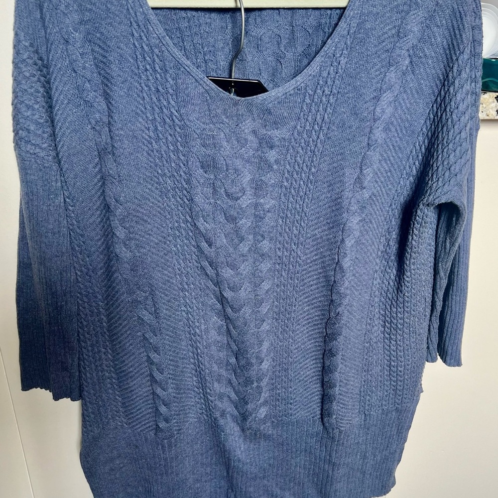 Peruvian Connection Cotton Blue/Gray V-Neck Sweater with Three-Quarter Sleeves